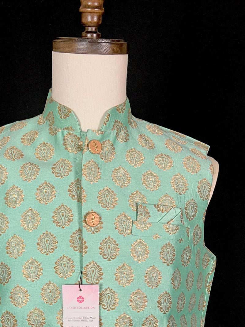 Sea Green men's Nehru/Modi jacket in soft banarasi silk with gold zari floral buttis — Kaash Collection