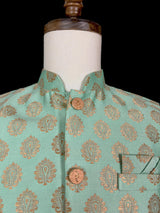 Designer Sea Green Color Modi Nehru Jacket For Men in Banarasi Silk | Waist Coat | Jacket for Kurta | Indian Wedding Wear for Men - Kaash