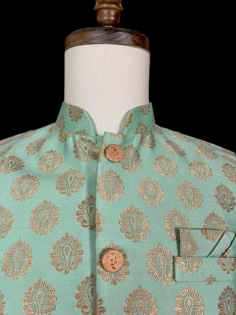 Designer Sea Green Color Modi Nehru Jacket For Men in Banarasi Silk | Waist Coat | Jacket for Kurta | Indian Wedding Wear for Men - Kaash