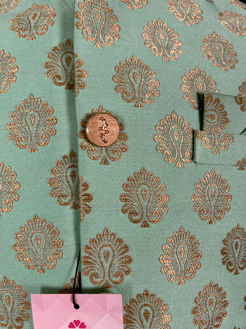 Designer Sea Green Color Modi Nehru Jacket For Men in Banarasi Silk | Waist Coat | Jacket for Kurta | Indian Wedding Wear for Men - Kaash