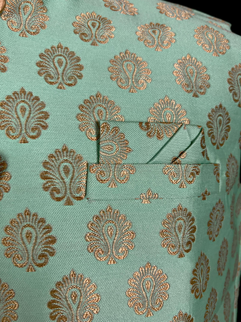 Designer Sea Green Color Modi Nehru Jacket For Men in Banarasi Silk | Waist Coat | Jacket for Kurta | Indian Wedding Wear for Men - Kaash