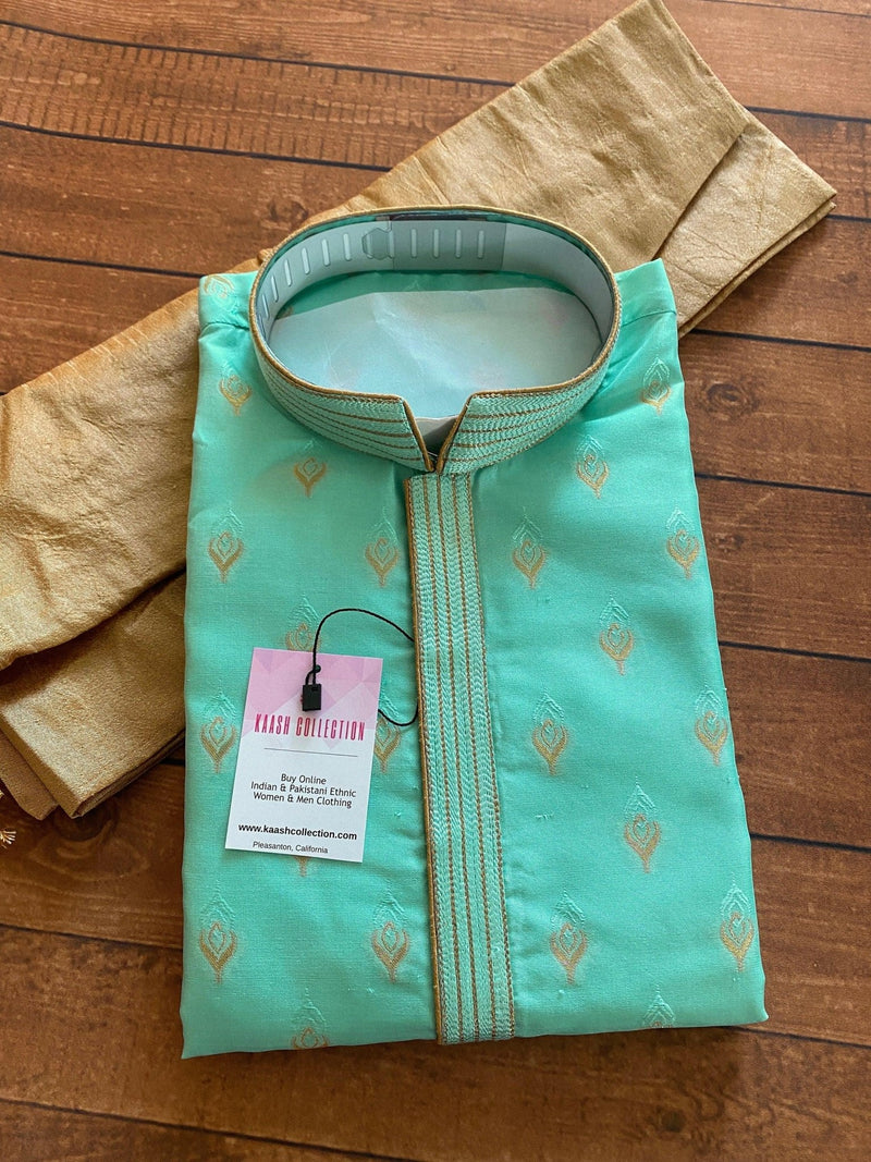Sea Green (Size 44) men's kurta pajama in silk (non-pure) with zari weave & embroidery with lining — Kaash Collection