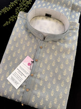 Designer Sliver Grey Kurta for Men in Banarasi Silk Embossed Buttis - Kaash