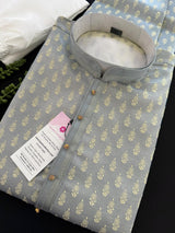 Designer Sliver Grey Kurta for Men in Banarasi Silk Embossed Buttis - Kaash