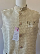 Cream with Pastel Green Hue men's Nehru/Modi jacket in silk (non-pure) with zari embossed woven detail — Kaash Collection