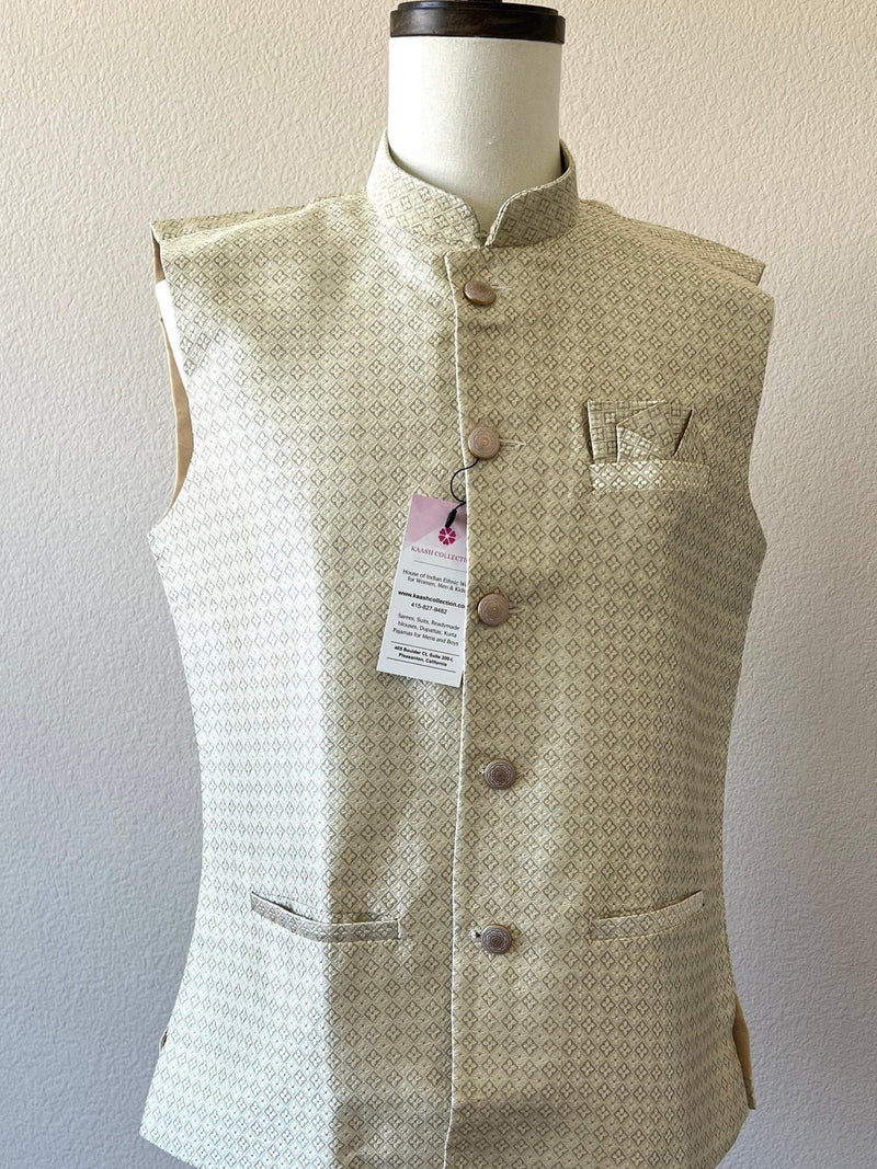 Cream with Pastel Green Hue men's Nehru/Modi jacket in silk (non-pure) with zari embossed woven detail — Kaash Collection
