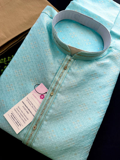 Sea Blue men's kurta pajama in soft silk with embossed zari with self-design — Kaash Collection
