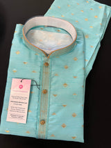 Sea Green with Tint of Blue men's kurta pajama in silk with zari-weave design with lining — Kaash Collection