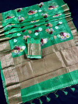 Green Digital Print Banarasi saree in banarasi kora organza with floral digital print with resham antique & silver zari — Kaash Collection