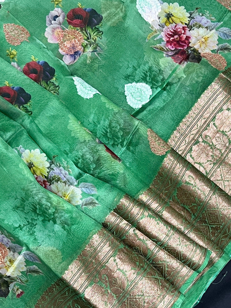 Green Digital Print Banarasi saree in banarasi kora organza with floral digital print with resham antique & silver zari — Kaash Collection