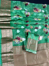 Green Digital Print Banarasi saree in banarasi kora organza with floral digital print with resham antique & silver zari — Kaash Collection