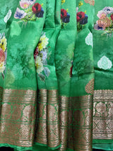 Green Digital Print Banarasi saree in banarasi kora organza with floral digital print with resham antique & silver zari — Kaash Collection