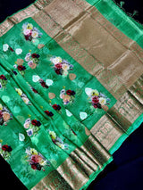 Green Digital Print Banarasi saree in banarasi kora organza with floral digital print with resham antique & silver zari — Kaash Collection