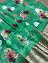 Green Digital Print Banarasi saree in banarasi kora organza with floral digital print with resham antique & silver zari — Kaash Collection