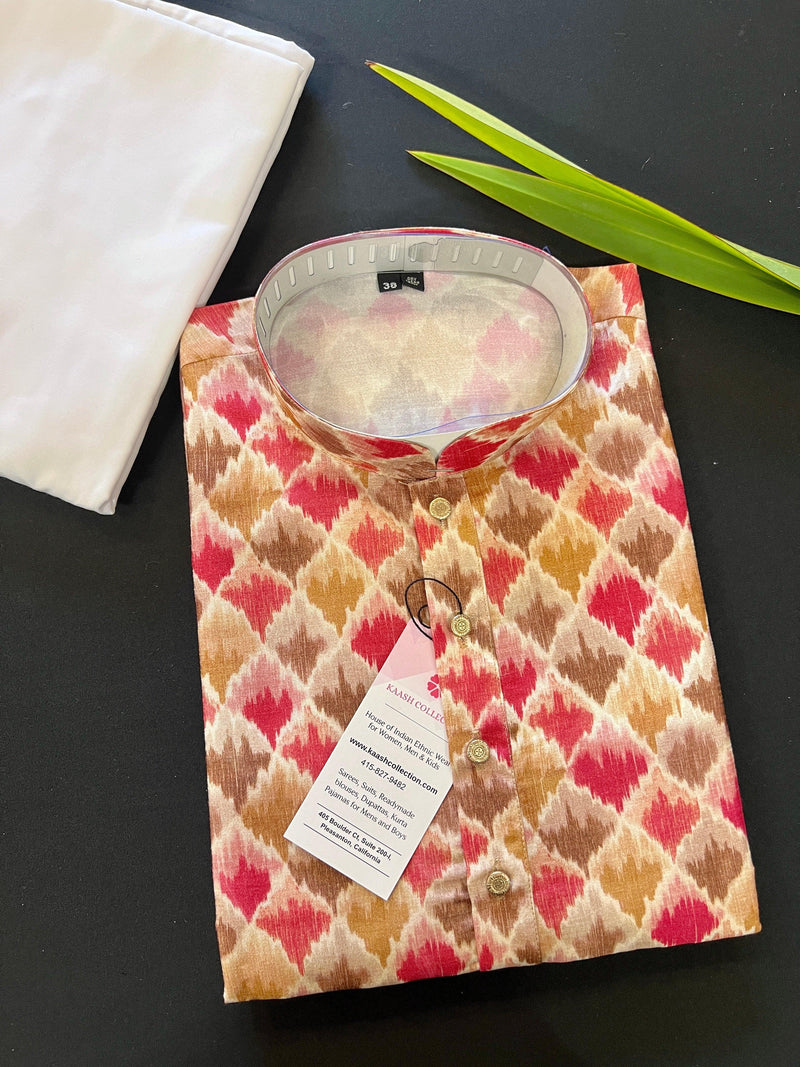Digital Printed Kurta in Raw Silk Kurta with White Churidar Bottom | Men Ethnic Wear | Navratri Special Kurtas | Dandiya Special Kurta - Kaash