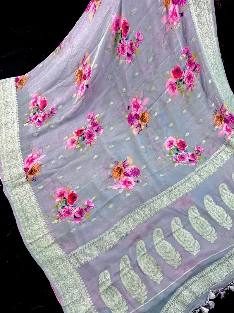 Dolphin Blue Grey Chiffon Silk Saree | Floral Digital Print, Dull Silver Zari, Silk Mark Certified - Kaash