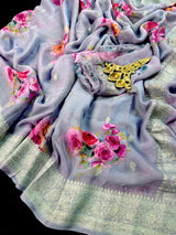 Dolphin Blue Grey Chiffon Silk Saree | Floral Digital Print, Dull Silver Zari, Silk Mark Certified - Kaash