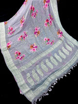 Dolphin Blue Grey Chiffon Silk Saree | Floral Digital Print, Dull Silver Zari, Silk Mark Certified - Kaash