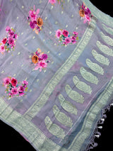 Dolphin Blue Grey Chiffon Silk Saree | Floral Digital Print, Dull Silver Zari, Silk Mark Certified - Kaash