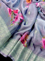 Dolphin Blue Grey Chiffon Silk Saree | Floral Digital Print, Dull Silver Zari, Silk Mark Certified - Kaash