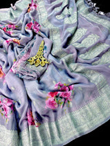 Dolphin Blue Grey Chiffon Silk Saree | Floral Digital Print, Dull Silver Zari, Silk Mark Certified - Kaash