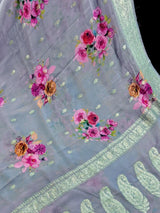 Dolphin Blue Grey Chiffon Silk Saree | Floral Digital Print, Dull Silver Zari, Silk Mark Certified - Kaash