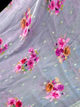 Dolphin Blue Grey Chiffon Silk Saree | Floral Digital Print, Dull Silver Zari, Silk Mark Certified - Kaash