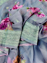 Dolphin Grey Chiffon Silk Saree with Floral Digital Print, Silver Zari, Silk Mark Certified - Kaash