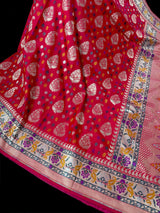 Double-Tone Red & Pink Paithani saree in pure katan silk with double gold zari with paithani pallu & border — Kaash Collection