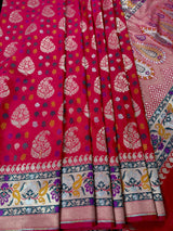Double-Tone Red & Pink Paithani saree in pure katan silk with double gold zari with paithani pallu & border — Kaash Collection