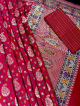 Double-Tone Red & Pink Paithani saree in pure katan silk with double gold zari with paithani pallu & border — Kaash Collection