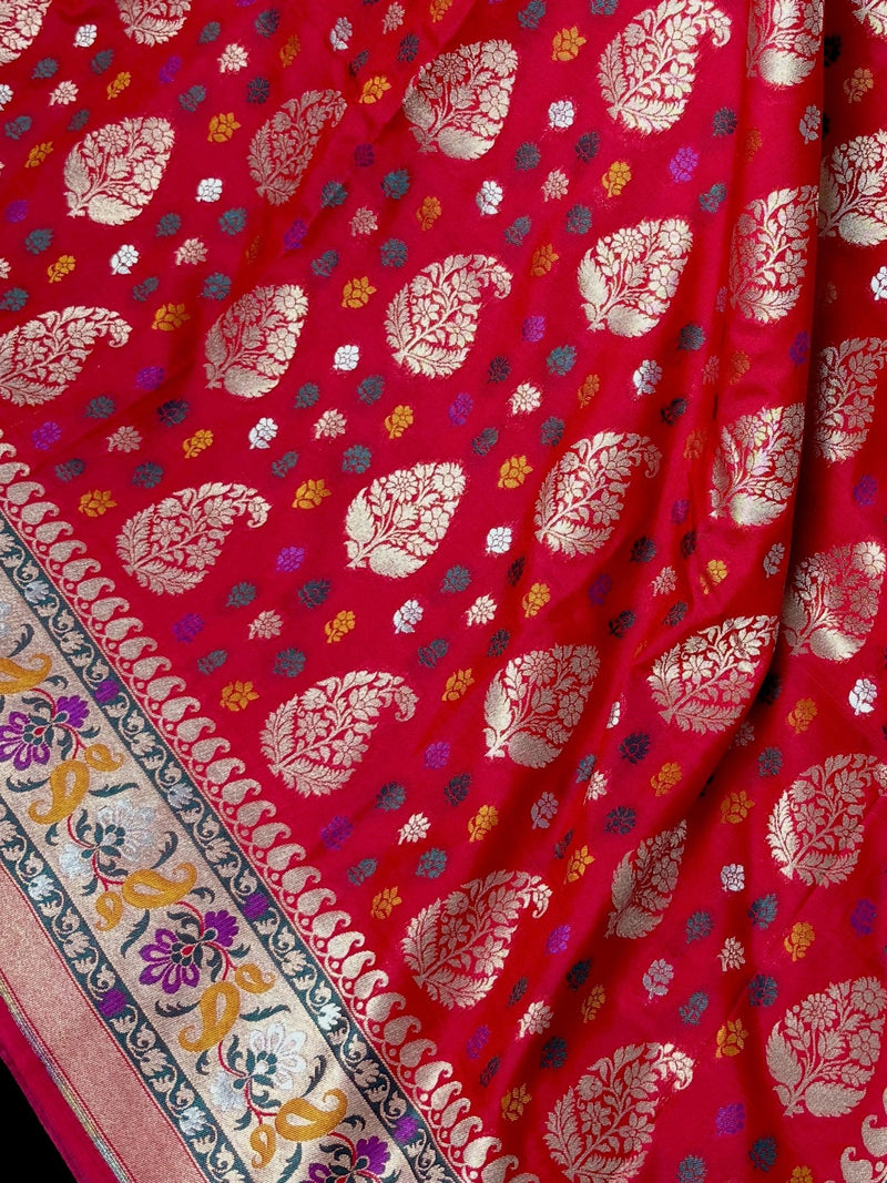 Double-Tone Red & Pink Paithani saree in pure katan silk with double gold zari with paithani pallu & border — Kaash Collection