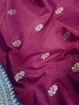 Dragonfruit Color Pure Katan Silk Saree with Sky Blue Color Border and Pallu - Kaash