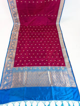Dragonfruit Color Pure Katan Silk Saree with Sky Blue Color Border and Pallu - Kaash