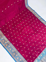 Dragonfruit Color Pure Katan Silk Saree with Sky Blue Color Border and Pallu - Kaash