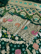 Dual Shade Green (Bottle & Parrot) pure khaddi georgette silk saree with bandhej (bandhani) with zari & meenakari — Kaash Collection