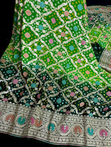 Dual Shade Green (Bottle & Parrot) pure khaddi georgette silk saree with bandhej (bandhani) with zari & meenakari — Kaash Collection
