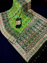 Dual Shade Green (Bottle & Parrot) pure khaddi georgette silk saree with bandhej (bandhani) with zari & meenakari — Kaash Collection