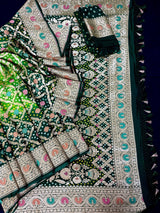 Dual Shade Green (Bottle & Parrot) pure khaddi georgette silk saree with bandhej (bandhani) with zari & meenakari — Kaash Collection