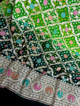Dual Shade Green (Bottle & Parrot) pure khaddi georgette silk saree with bandhej (bandhani) with zari & meenakari — Kaash Collection