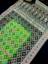 Dual Shade Green (Bottle & Parrot) pure khaddi georgette silk saree with bandhej (bandhani) with zari & meenakari — Kaash Collection