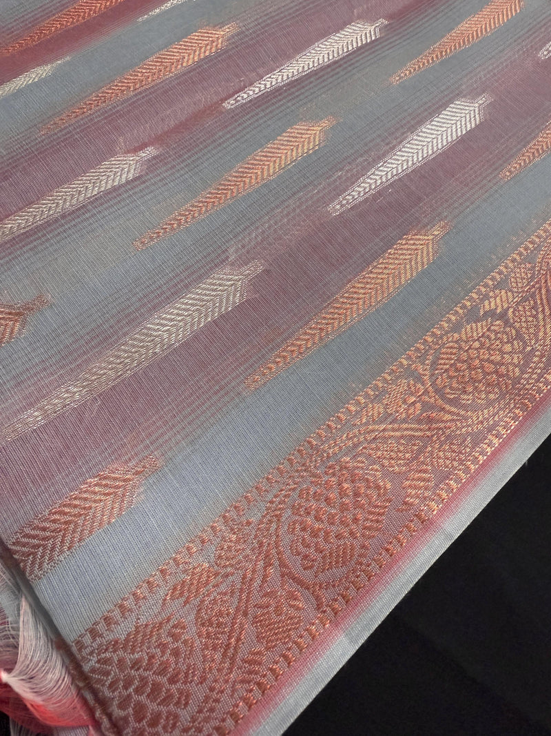 Dual Shade Grey Color Benarasi Handwoven Cotton Silk Dupatta with Zari Weaving in Sliver and Copper | Dupatta | Stole - Kaash