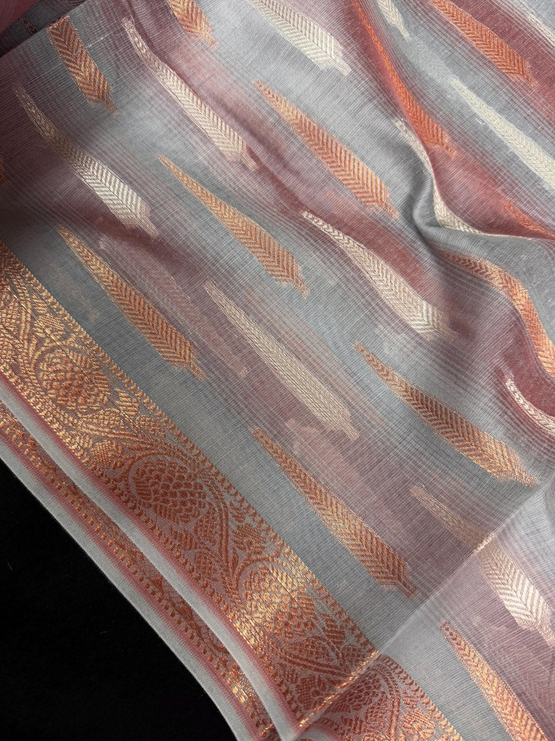 Dual Shade Grey Color Benarasi Handwoven Cotton Silk Dupatta with Zari Weaving in Sliver and Copper | Dupatta | Stole - Kaash