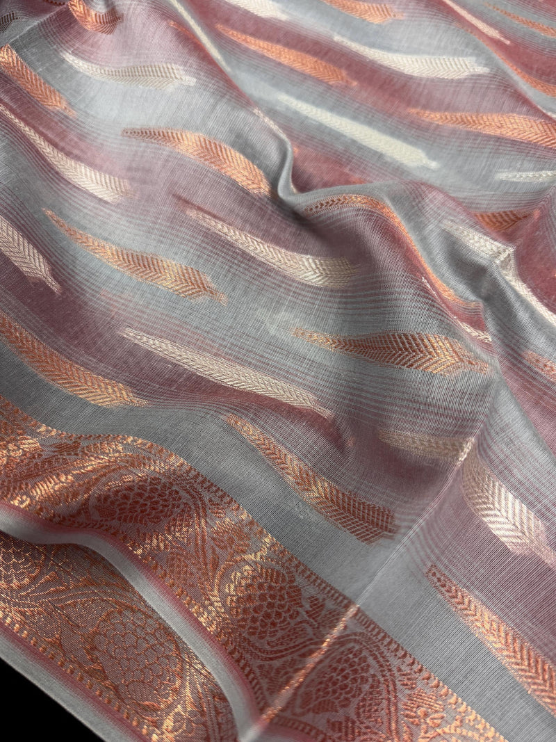 Dual Shade Grey Color Benarasi Handwoven Cotton Silk Dupatta with Zari Weaving in Sliver and Copper | Dupatta | Stole - Kaash