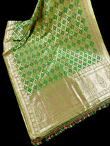 Dual Shade Parrot & Emerald Green Banarasi saree in banarasi butter soft silk with muted gold zari with bandhej pattern — Kaash Collection