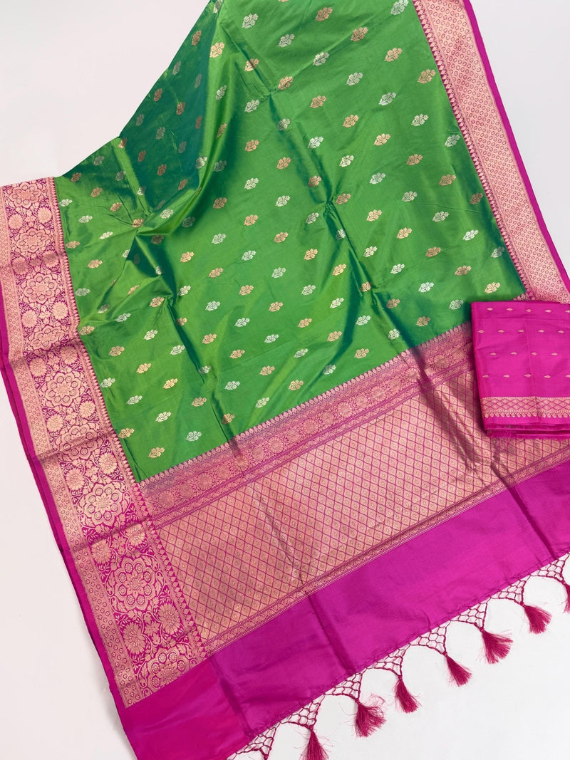Dual Shade Parrot Green Pure Katan Silk Saree with Hot Pink Color Border and Pallu - Kaash