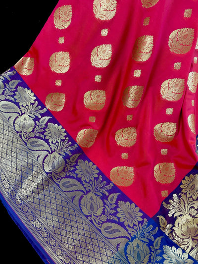 Dual shade Peach Pink Hot Pink with Purple border and Blue Pallu combination Traditional Border Banarasi Handloom Soft Silk Saree - Kaash