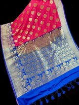 Dual shade Peach Pink Hot Pink with Purple border and Blue Pallu combination Traditional Border Banarasi Handloom Soft Silk Saree - Kaash
