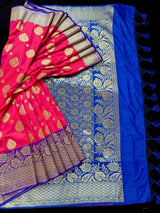 Dual shade Peach Pink Hot Pink with Purple border and Blue Pallu combination Traditional Border Banarasi Handloom Soft Silk Saree - Kaash