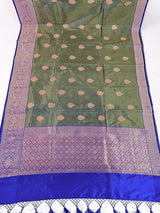Dual Shade Pista Green Pure Katan Silk Saree with Royal Blue Color Border and Pallu - Kaash